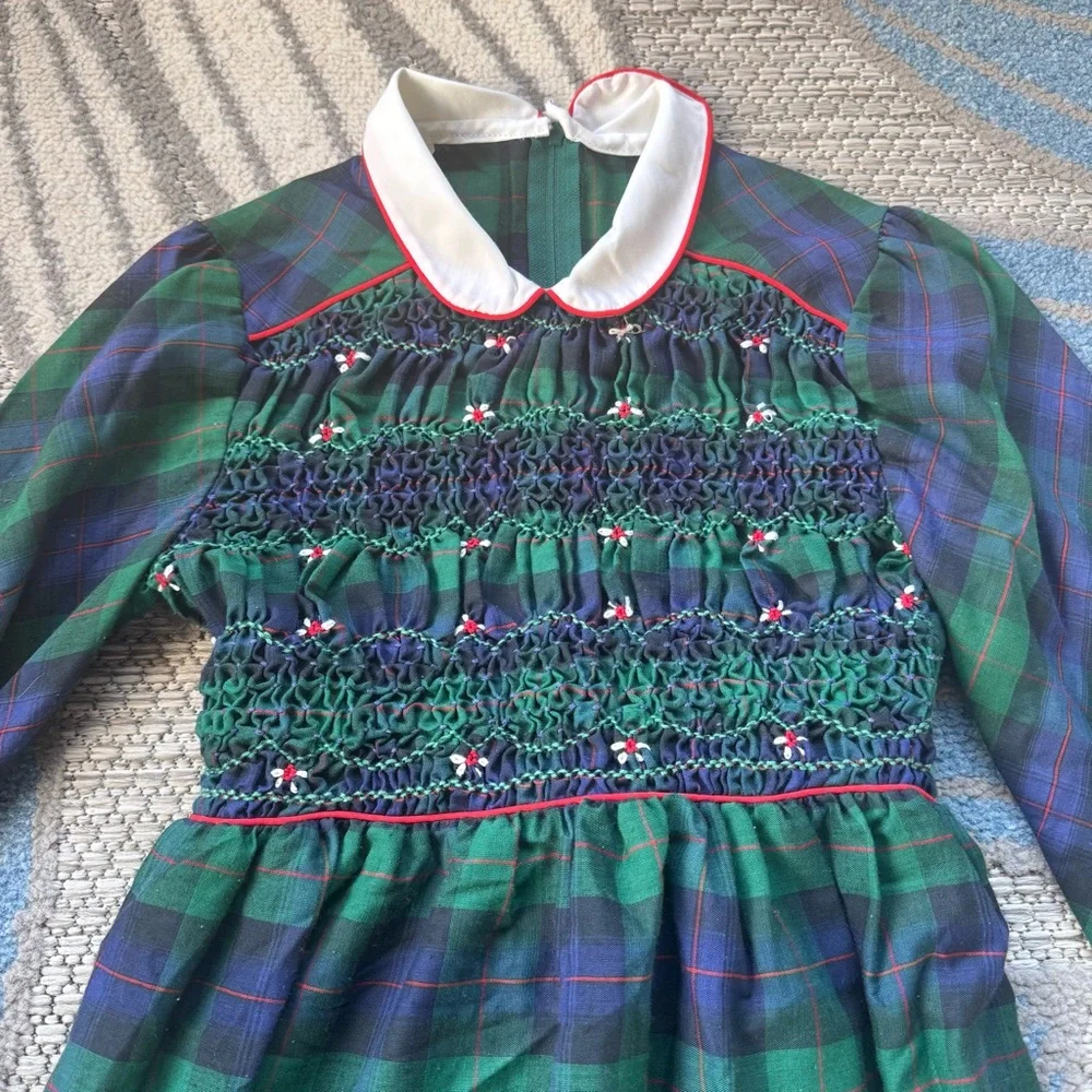 Vintage Polly Flinders Hand Smocked‎ Tartan Plaid Collared Girls Dress Size 7